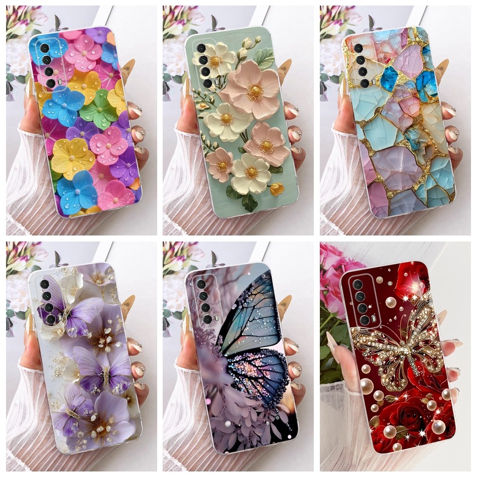 สําหรับ Huawei P สมาร์ท 2021 PPA-LX1 PPA-LX2 / Y7a PPA-LX3 ใหม่ดอกไม้ผีเสื้อรูปแบบเคสโทรศัพท์ซิลิโคน