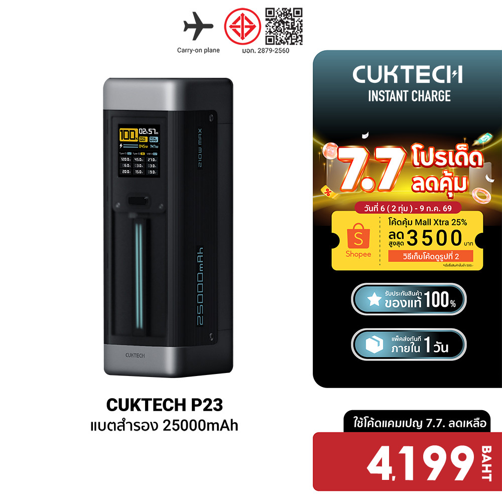 [ลดเหลือ 4199] CUKTECH P23 Powerbank แบตสำรอง 25000mAh CCC / CE จ่ายไฟรวมกันสูงถึง 210W -12M