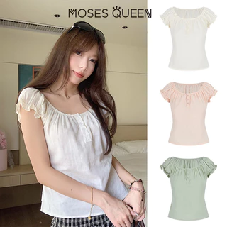 MOSESQUEEN เสื้อยืดแขนสั้นคอยูผ้าฝ้ายแท้พร้อมสายรัดดีไซน์สําหรับเอฟเฟกต์สลิมมิ่งและแขนพัฟ #63929