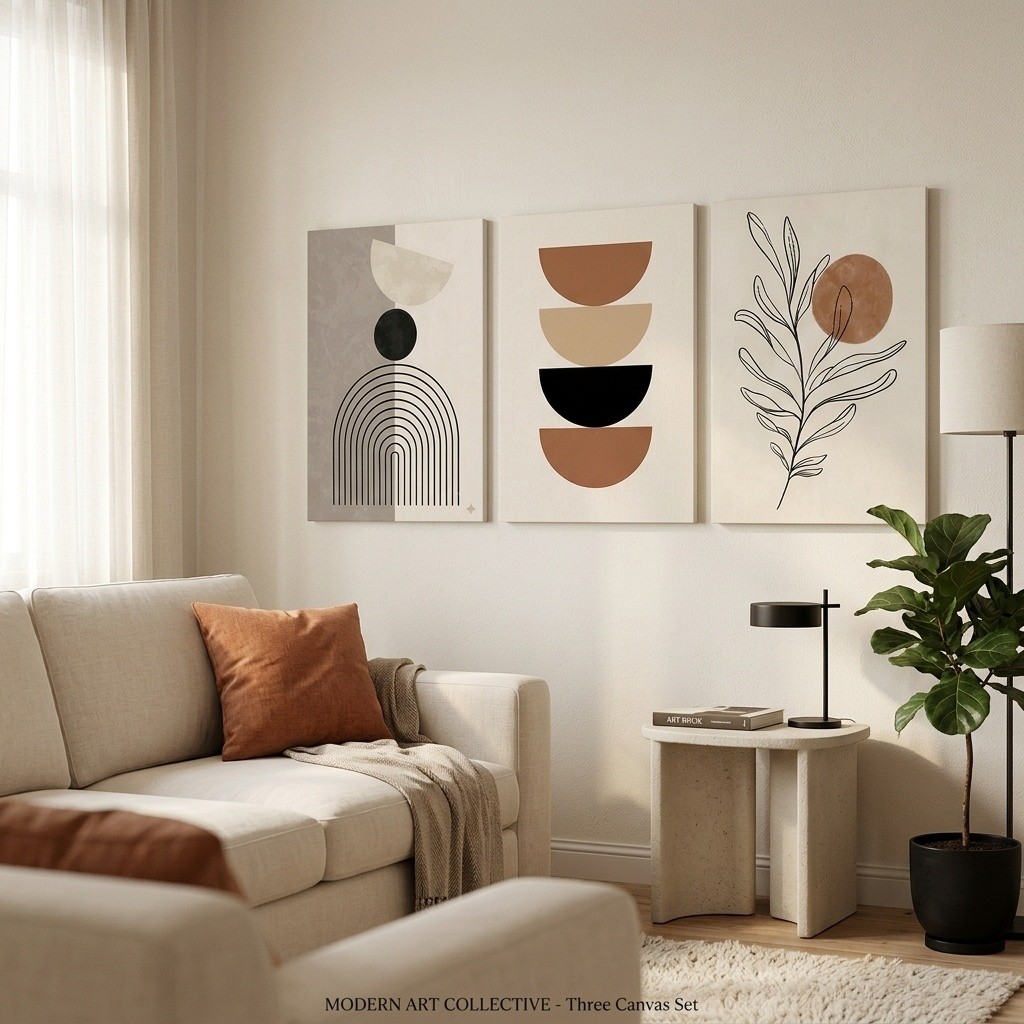 (พร้อมกรอบ) 3 ชิ้น Neutral Boho บทคัดย่อพิมพ์ผ้าใบ,เรขาคณิต Arch วงกลม Leaf Line Wall Art, Mid Century โมเดิร์น Living Decor ภาพจิตรกรรมฝาผนัง