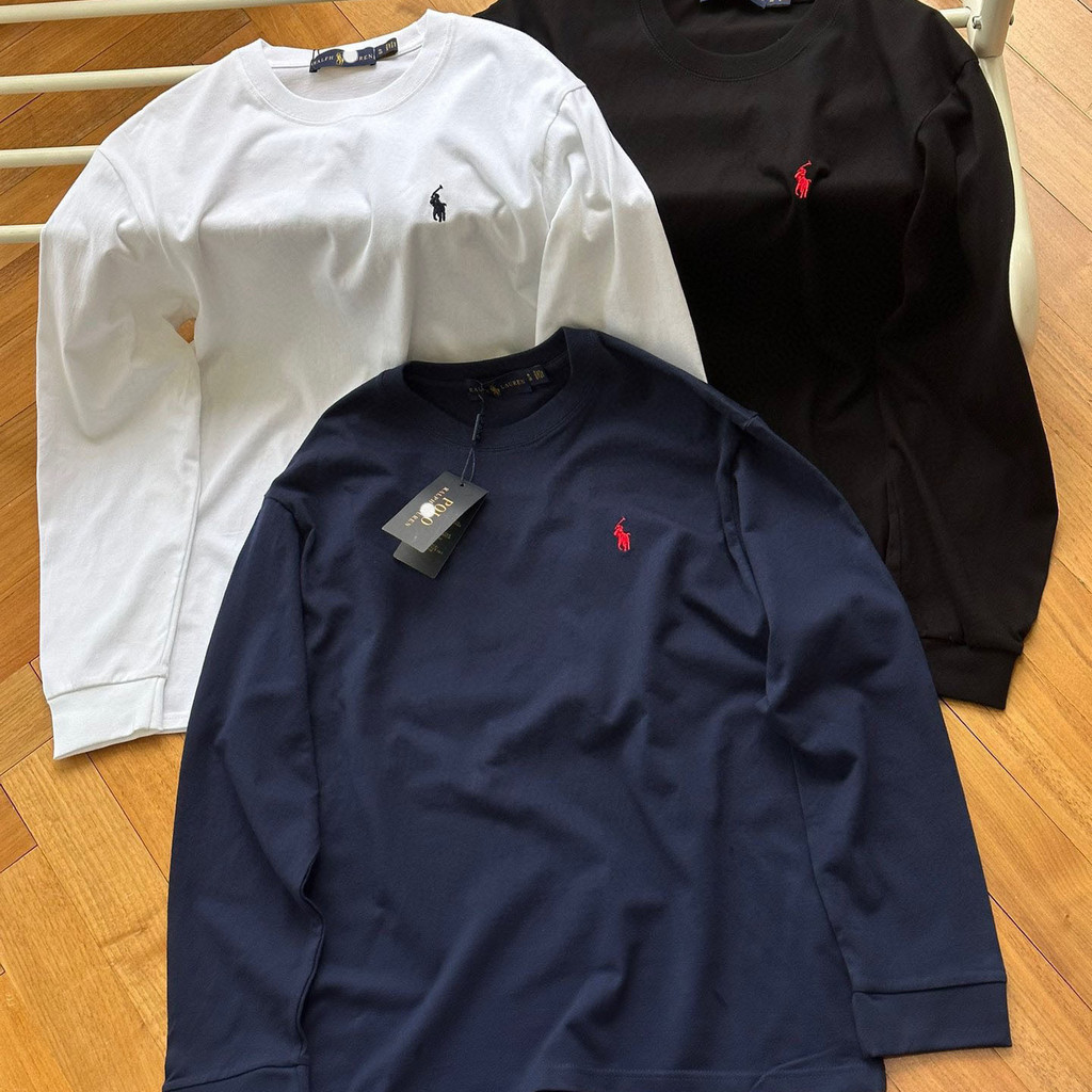 4LRD RL POLO เสื้อกันหนาวฤดูใบไม้ผลิฤดูใบไม้ร่วงเย็บปักถักร้อยหลวมสบายๆผ้าฝ้ายแท้รอบคอผู้ชายผู้หญิงส