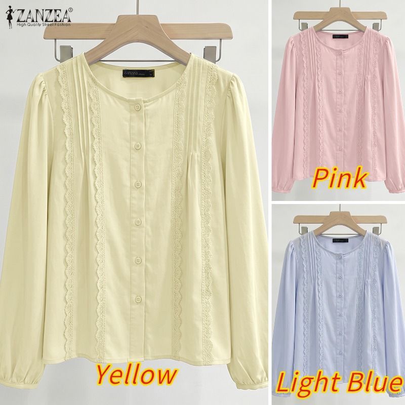 ZANZEA เสื้อลําลองแขนยาว O ผู้หญิงหลวมเกาหลี A-Line ลูกไม้ Splice — صورة 3