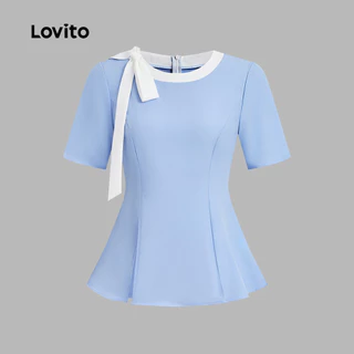 Lovito เสื้อเบลาส์ลูกไม้หรูหราผูกสีบล็อกฤดูใบไม้ผลิ/ฤดูร้อน สีดําขาวสําหรับผู้หญิง LK4LD2719