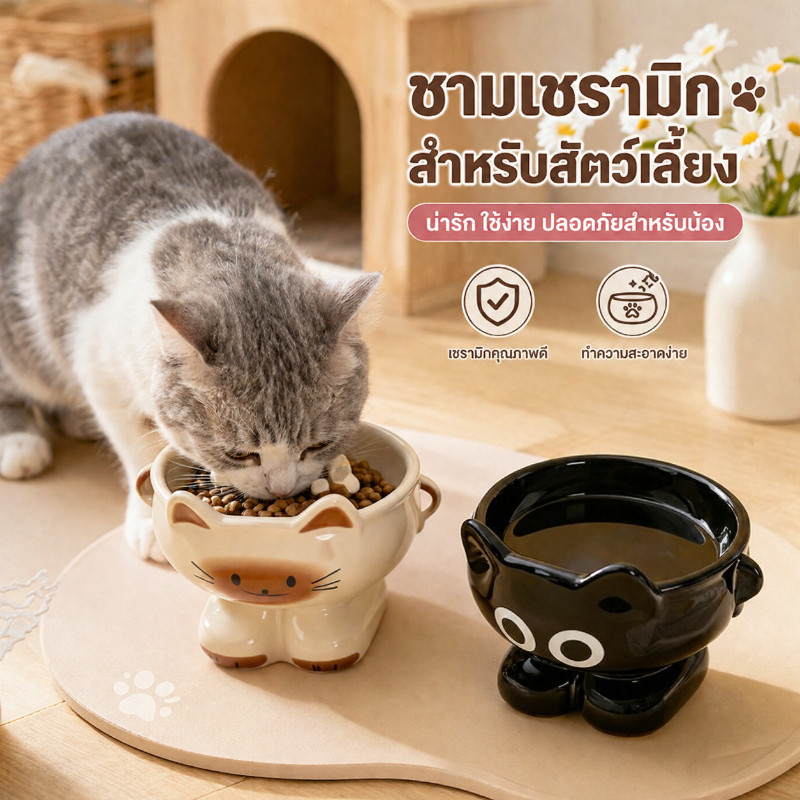 ชามสัตว์เลี้ยง ชามแมว เซรามิก รูปแมวน่ารัก ป้องกันคางดำ ป้องกันการล้ม ปกป้องกระดูกสันหลังส่วนคอ