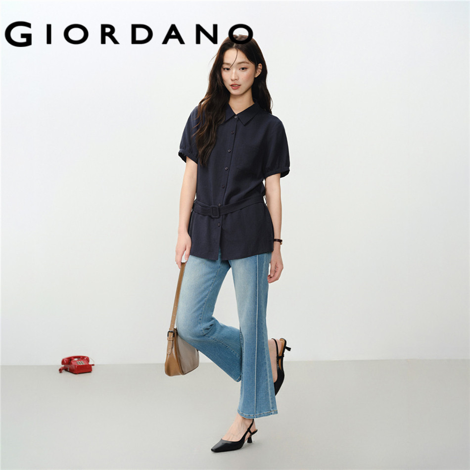 GIORDANO WOMEN Lyocell belted waist short sleeve shirt 18346320