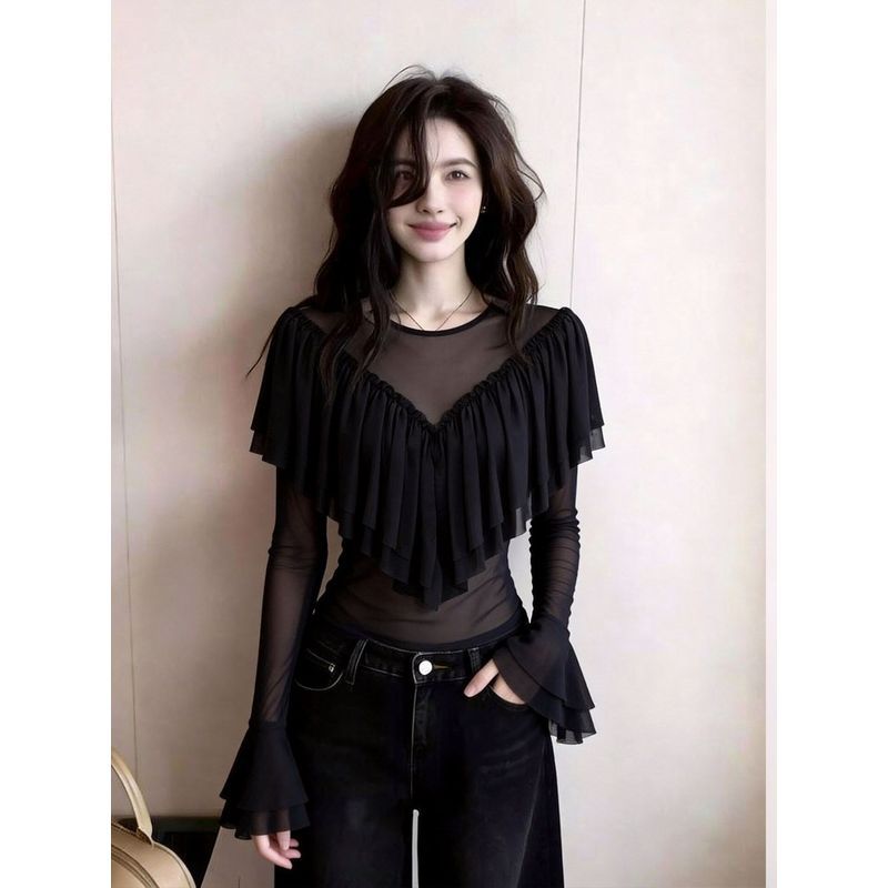 สไตล์ฝรั่งเศสสีดํา Ruffled เย็บแขนยาวผู้หญิง Slim-fit Slimmer ดูการออกแบบระดับไฮเอนด์รู้สึก 2026 สุดสวย