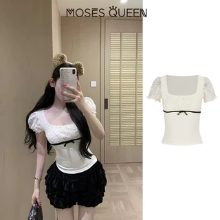 MOSESQUEEN ความเมตตา สไตล์เกาหลีแขนฟองลูกไม้ติดตั้งแขนสั้นเสื้อยืดผู้หญิงฤดูร้อนร่างกายรูปร่างผอมอายุลดร้อยสไตล์แฟชั่นเสื้อ #63930