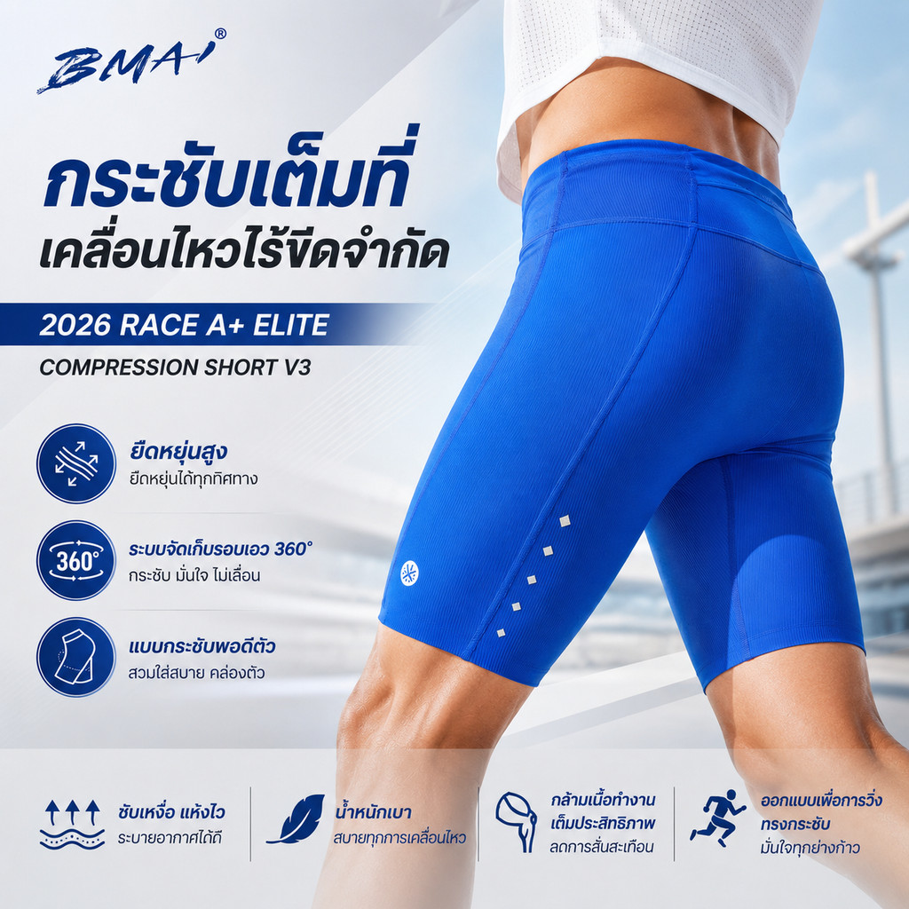 BMAI Race A+ Elite 2026 กางเกงขาสั้นรัดกล้ามเนื้อวิ่งผู้ชายระบายอากาศได้แห้งเร็วรองรับ 4-Way Stretch