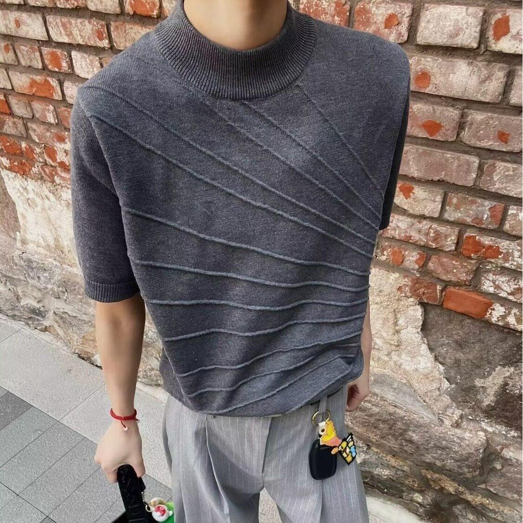 American Retro Loose-Line Sculpture Jacquard คอสั้นแขนเสื้อผู้ชายผู้หญิงฤดูร้อน Breathable All @