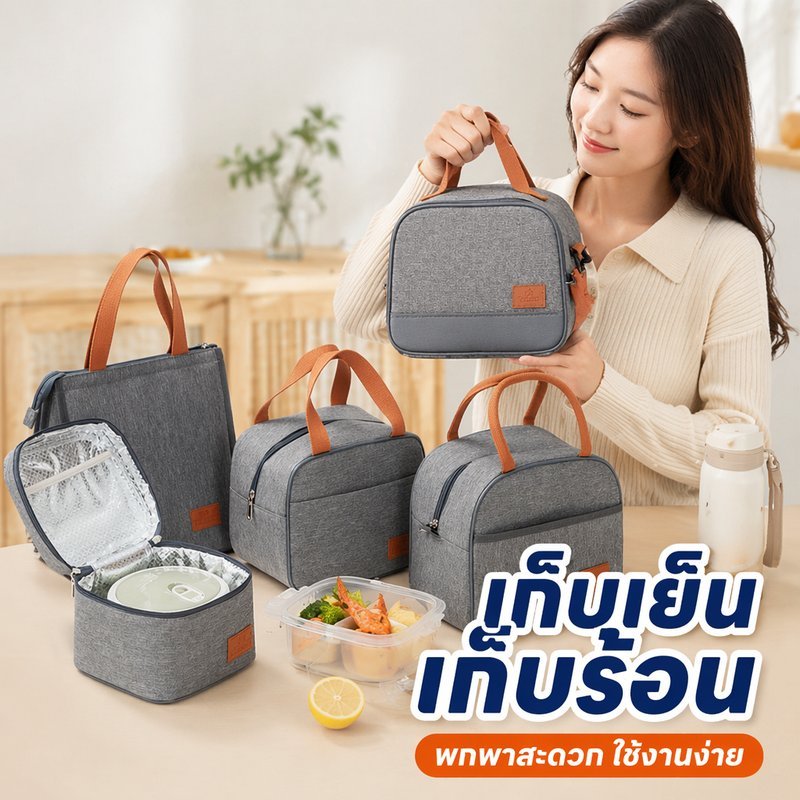 กระเป๋าเก็บอุณหภูมิ ถุงอาหารกลางวัน พกพา ผ้า Oxford หุ้มฉนวน มีซิป ช่องหน้า ข้าง สีเทา