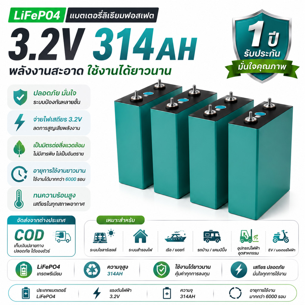 【COD】 Lifepo4 3.2V 314Ah แบตเตอรี่ลิเธียมเหล็กฟอสเฟต Eพร้อมน็อตและบัสบาร์ มีให้เลือก 3 รุ่นแรงดัน 12