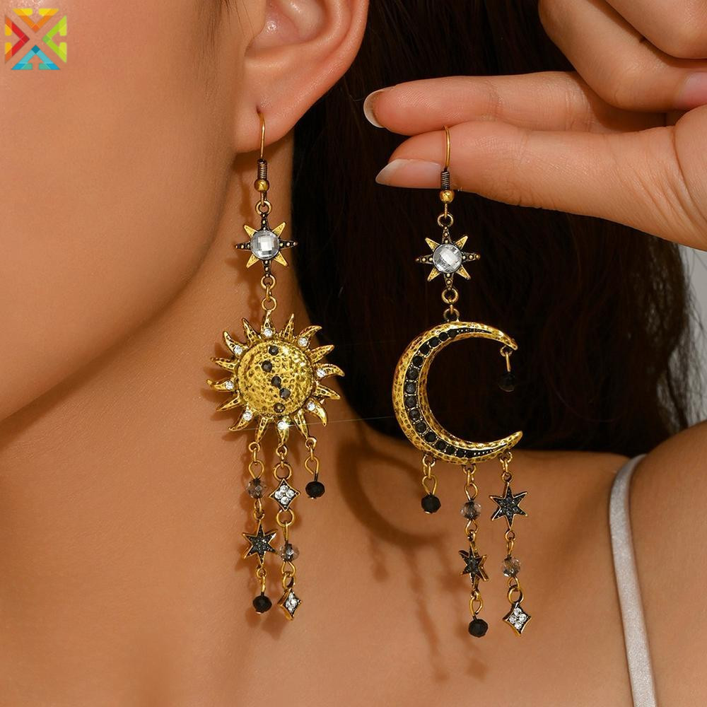 ไม่สมมาตร Sun Moon พู่ห้อยต่างหู Rhinestone ฝัง Vintage Retro สําหรับผู้หญิง