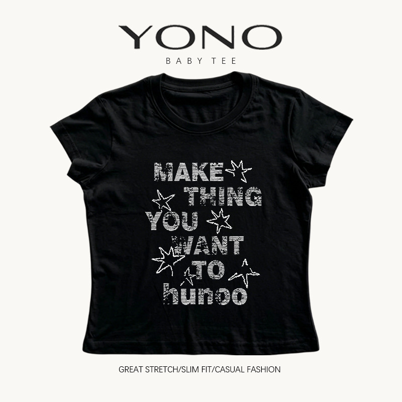 (พร้อมส่ง24ชม.) YONO baby tee สีดำ ลายตัวอักษรอังกฤษและดาวแนวกรันจ์ ทรงเข้ารูป ลุคสตรีท y2k