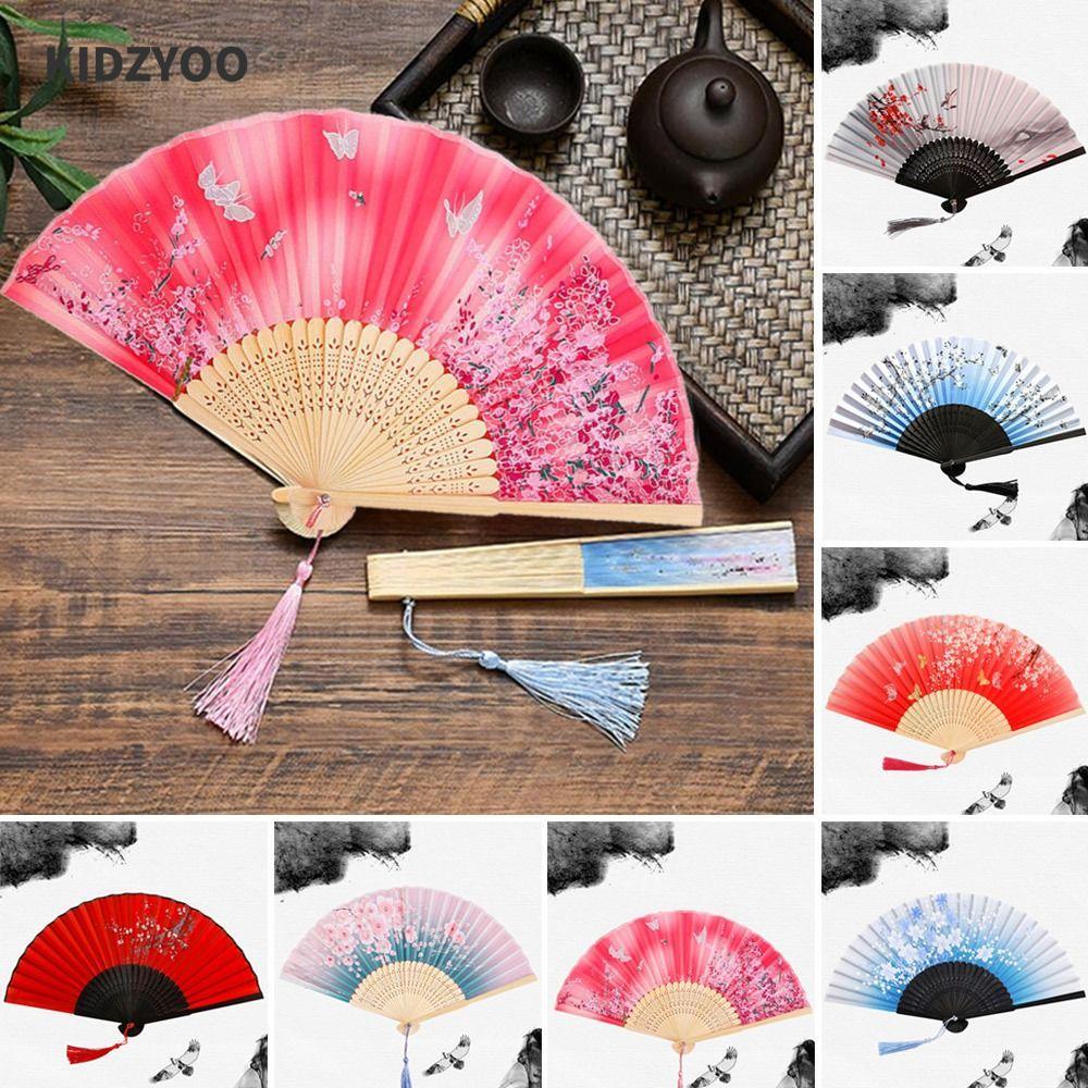 คิดซิโอ จีนญี่ปุ่นพับพัดลม, พู่ที่มีสีสัน สง่างาม หญิงพัดลมสไตล์วินเทจพับพัดลม,คุณภาพสูงผ้าไหมไม้ไผ่มือก้านคลาสสิกเต้นรําตกแต่งบ้าน