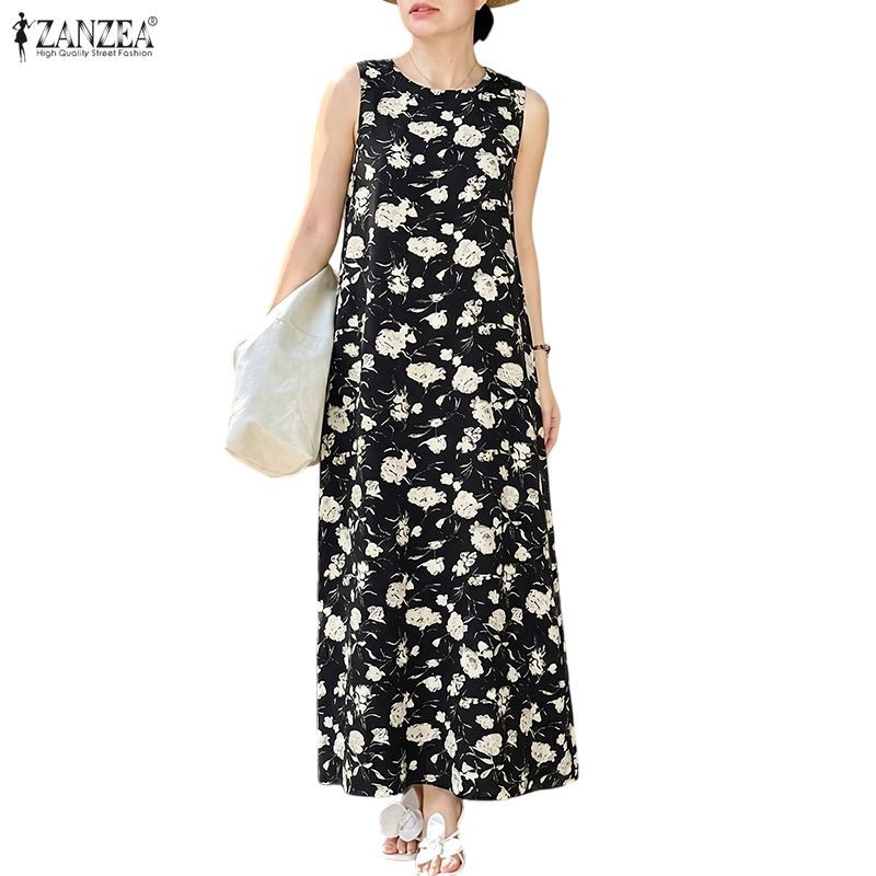ZANZEA ชุดเดรสคอกลมแขนกุดสไตล์เกาหลีสําหรับผู้หญิง Ditsy พิมพ์ลายดอกไม้หลวม A-Line Sundress — صورة 6