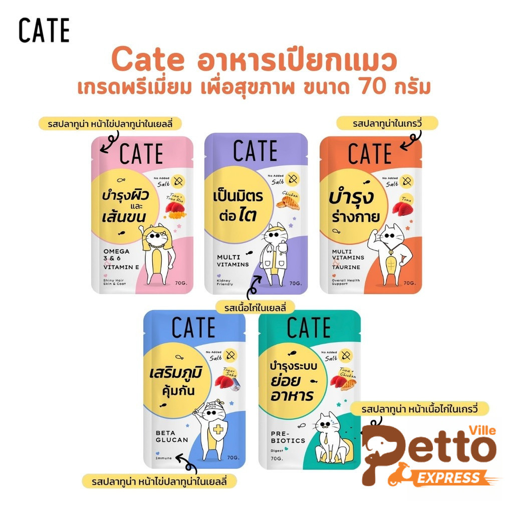 CATE เคท อาหารเปียกแมว เกรดฟรีเมี่ยม เพื่อสุขภาพ มี 5 สูตร ขนาด 70 กรัม
