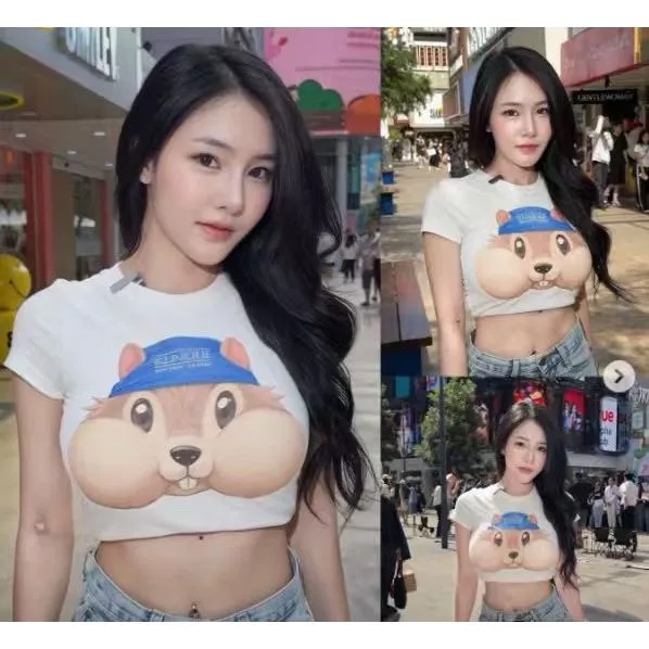 BOOM เสื้อ baby tee Y2K สไตล์เกาหลี ผู้หญิง พิมพ์ลายกระรอกการ์ตูนน่ารัก แขนสั้น ผ้ายืดหยุ่น ไม่อึดอัด รัดรูป ใส่สบาย