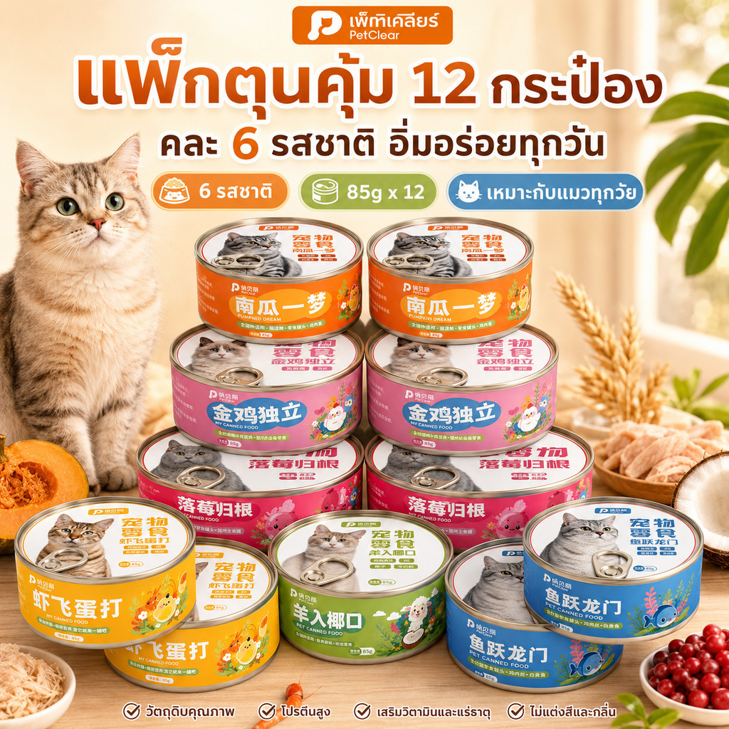 อาหารเปียกแมวกระป๋อง 6 รสชาติในเซ็ตเดียว 85g x 6 กระป๋อง ฟักทอง ไก่ แครนเบอร์รี่ กุ้ง ปลา