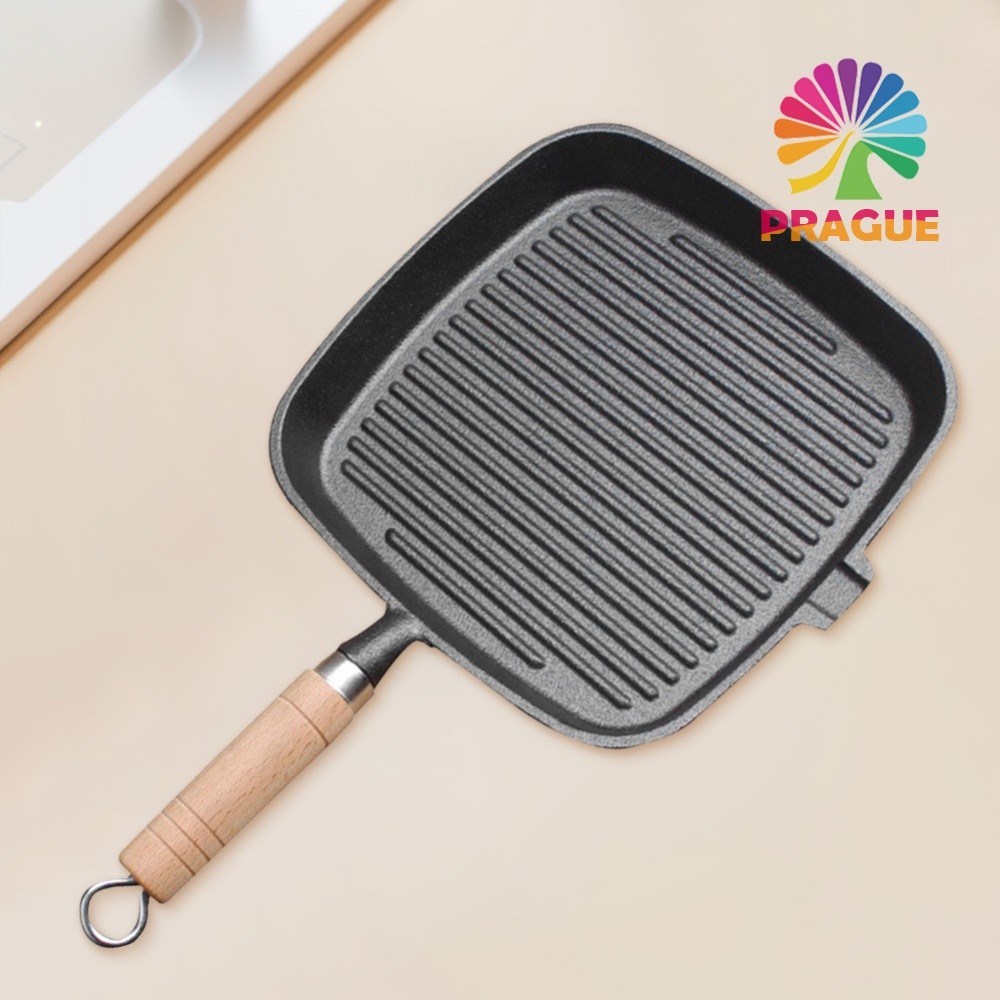 เหล็ก Skillet กระทะสเต็กด้ามไม้ไม่เคลือบ Non-stick ทําอาหารหม้อสเต็กหม้อทอดสเต็ก Skillet บ้านเครื่อง