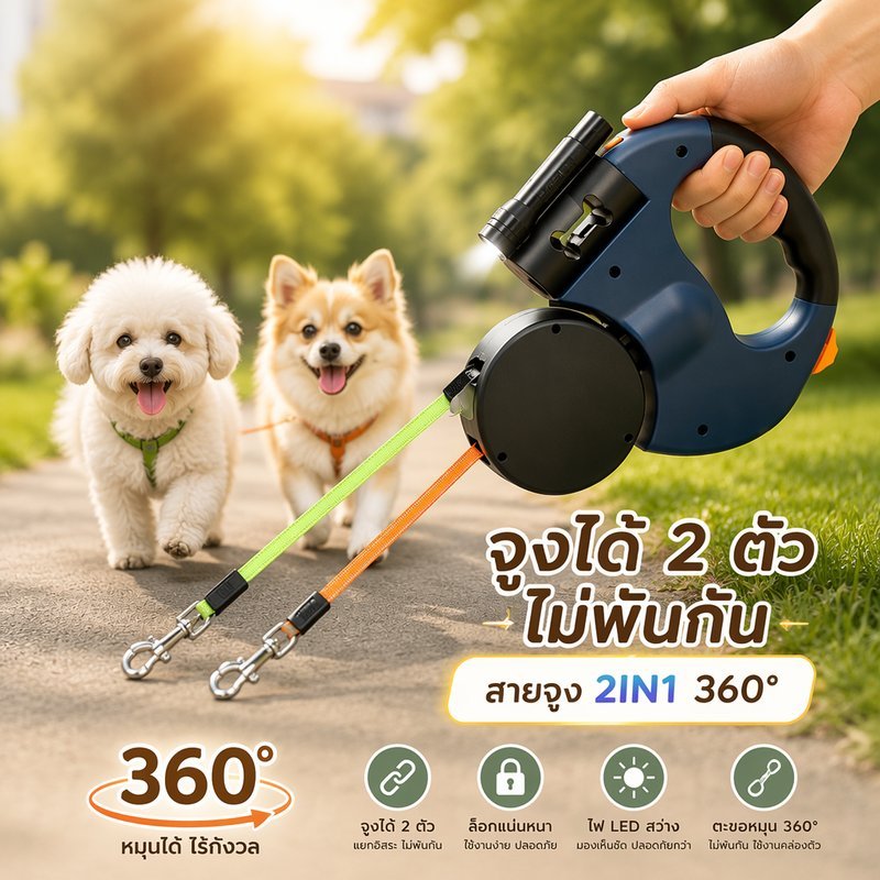 สายจูงสุนัข อัตโนมัติ กันพัน 360 องศา สะท้อนแสง มีไฟ LED กลางคืน พร้อมที่เก็บถุงขยะ