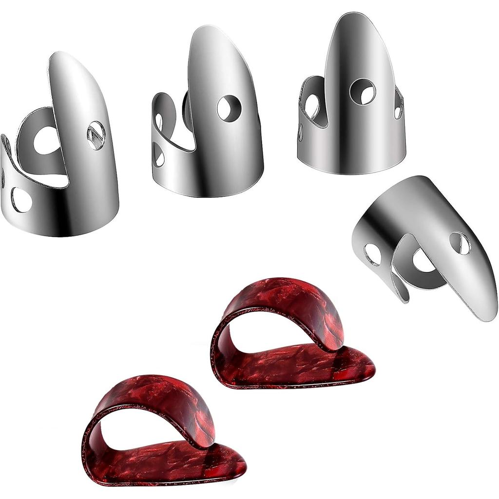 Shappy 6 ชิ้น Banjo Finger Picks Set สแตนเลสปรับนิ้วและนิ้วหัวแม่มือสําหรับกีตาร์ (เงิน, แดง)