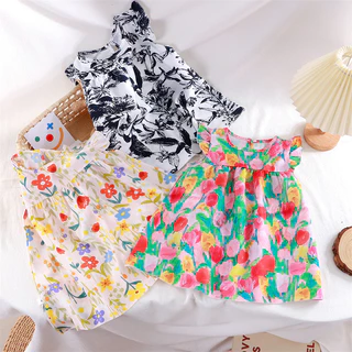 【สินค้าพร้อมส่ง】 เดรสเด็กผู้หญิง ลายดอกไม้ แขนกุด เดรสพิมพ์ลายดอกไม้ แขนพอง สำหรับเด็กผู้หญิง 【GoodRich】
