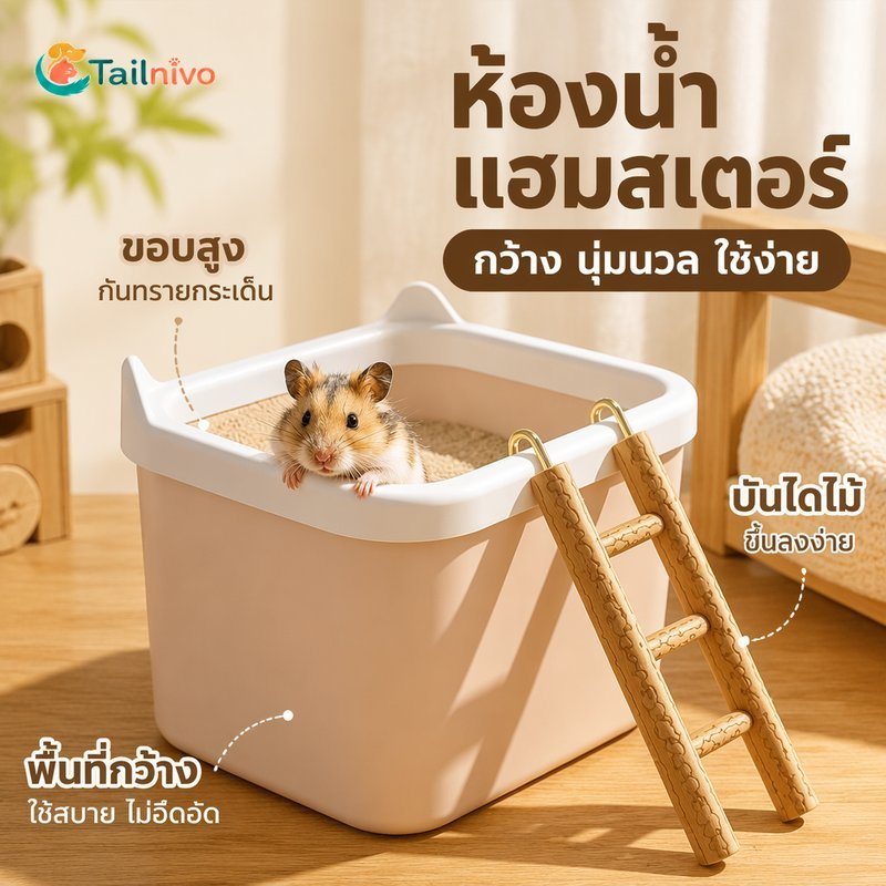 หนูแฮมสเตอร์ทรายอาบน้ํากล่องห้องน้ําขอบสูงป้องกันสาดทําความสะอาดง่ายบันไดไม้น่ารักกรงตกแต่ง