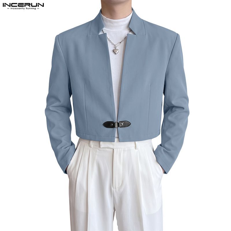 INCERUN Men Vintage Advanced Stand Neck Long Sleeve Leather Buckle Plain Casual Cropped Blazer