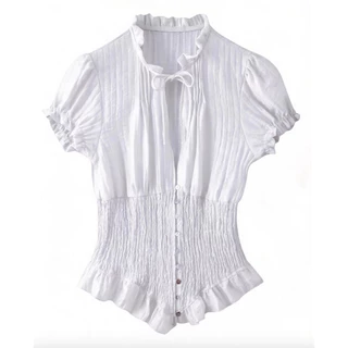 Ruffle Tie Blouse เสื้อเบลาส์ผู้หญิงคอผูกโบว์ขอบฟริลล์ แขนพองเอวย่นรัดทรงสัดส่วนดี ผ้าลายร่องบางเบา มี2สี ครีมอ่อน/น้ำตาล S-L