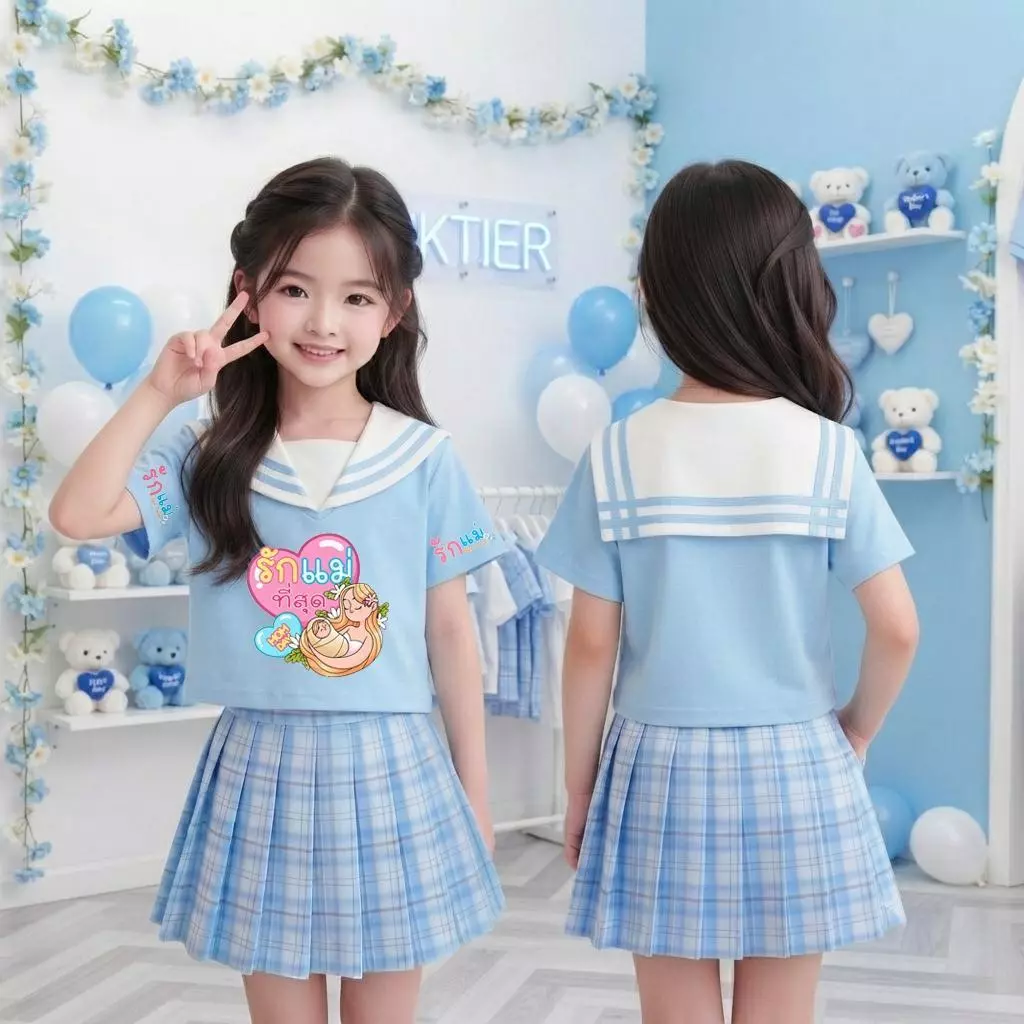 ชุดเซ็ทเด็กผู้หญิง สีฟ้า วันแม่ เสื้อปกทหารเรือ กระโปรงอัดพลีท