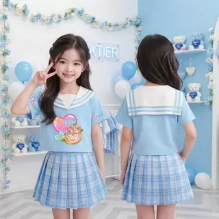 ชุดเซ็ทเด็กผู้หญิง สีฟ้า วันแม่ เสื้อปกทหารเรือ กระโปรงอัดพลีท