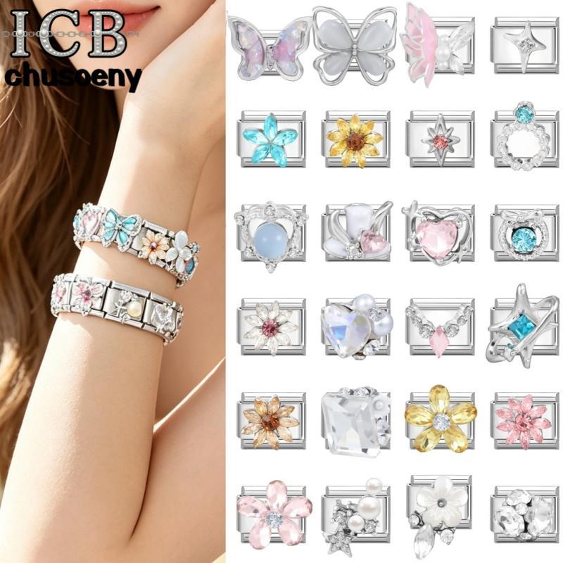 รอบ 3D สีชมพูอิตาเลี่ยน Charm Modular สร้อยข้อมือไทเทเนียมเหล็กปั๊มคู่ DIY สร้อยข้อมืออุปกรณ์เสริม
