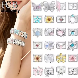 รอบ 3D สีชมพูอิตาเลี่ยน Charm Modular สร้อยข้อมือไทเทเนียมเหล็กปั๊มคู่ DIY สร้อยข้อมืออุปกรณ์เสริม