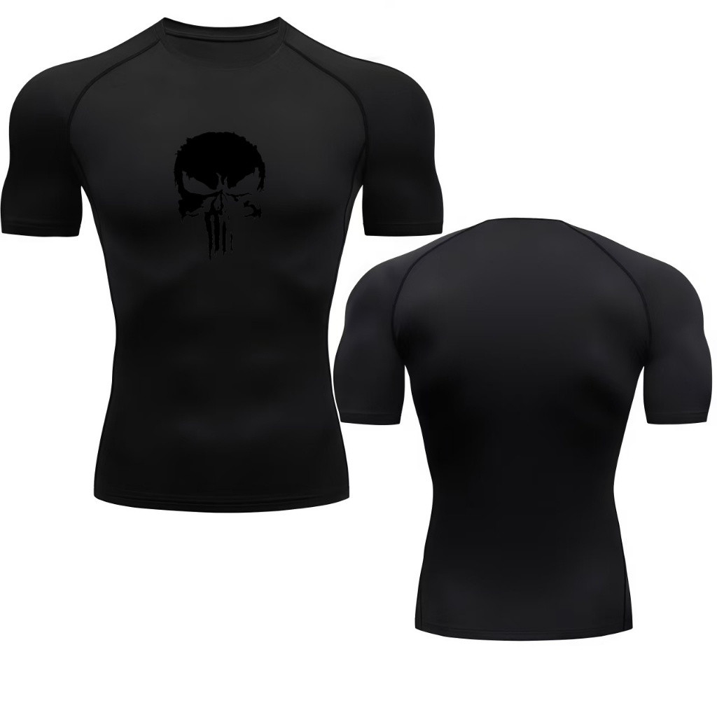 Punisher Skull Graphic Compression Sports Tee Breathable Quick Dry Elastic Fitness Short Sleeve Shir