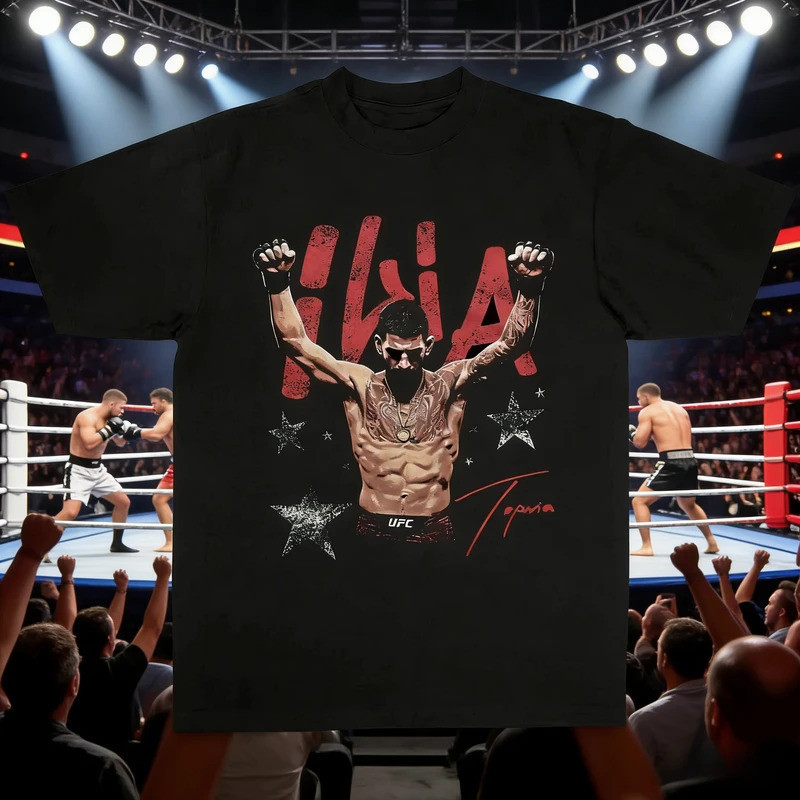 เสื้อยืดต่อสู้ UFC Ilia Topuria 2026 สำหรับผู้ชาย เสื้อกีฬาต่อสู้ ผ้าฝ้าย แขนสั้น ทรงหลวม สไตล์ลำลอง