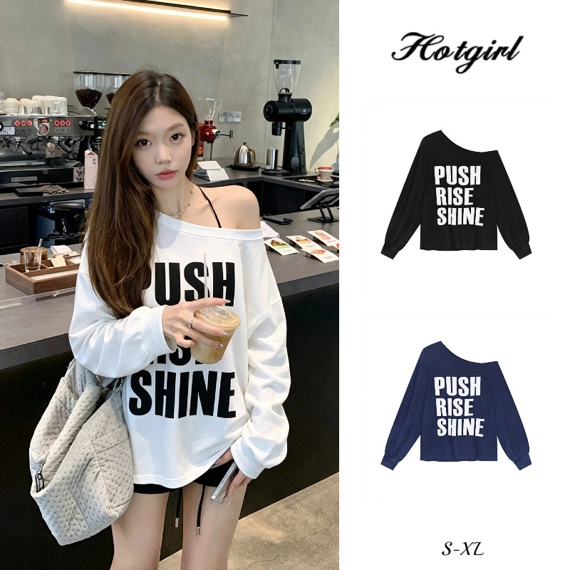 Hotgirl พร้อมส่ง เสื้อยืด เสื้อแขนยาวไหล่เฉียงผู้หญิง พิมพ์ลายตัวอักษร สไตล์สาวฮอตเกาหลี ทรงหลวมสบาย