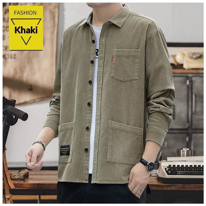 เสื้อเชิ้ตแขนยาวผ้าลูกฟูกสําหรับผู้ชายชุดทํางานลําลองสไตล์สําหรับฤดูใบไม้ผลิและฤดูใบไม้ร่วง
