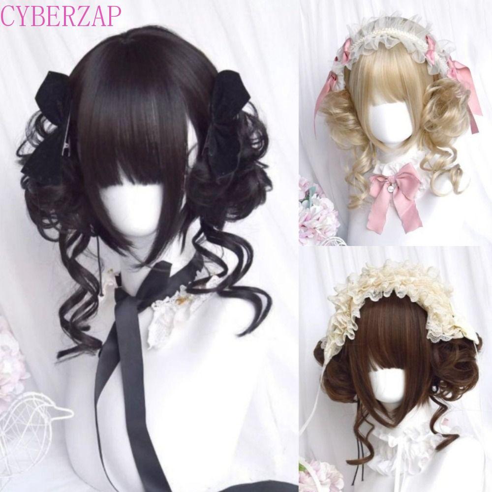 CYBERZAP Lolita วิกผม Bangs, คอสเพลย์ธรรมชาติสั้นหยิกคู่หางม้า Bun, Breathable Sweet Blonde ดอกไม้สั