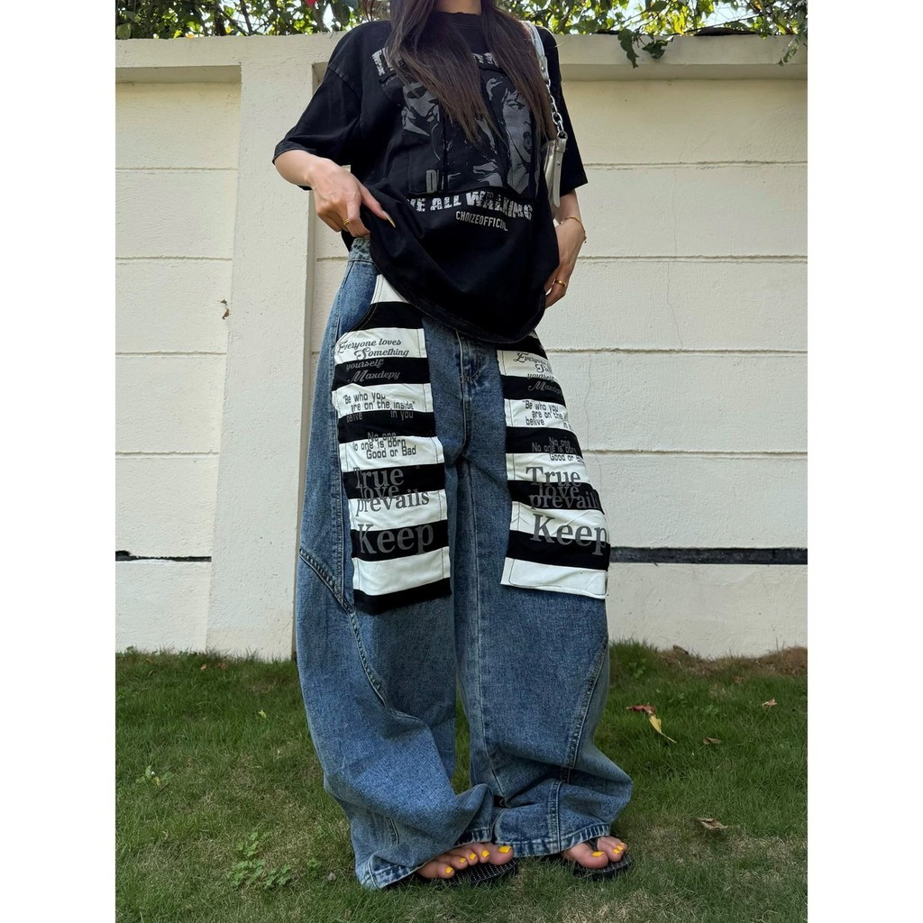 Washed Patch Macete Jeans West Coast American Pants High Street vibe Loose Straight Casual Wide Leg 