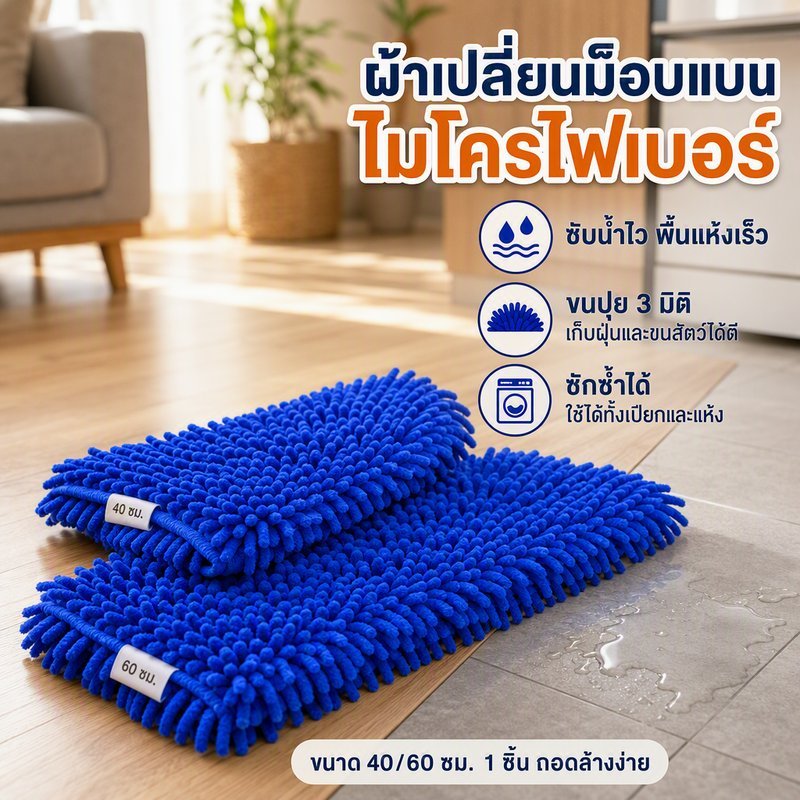 ผ้าเปลี่ยนหัวม็อบ แผ่นถูพื้นม็อบแบน ไมโครไฟเบอร์ ขนปุย 3D ซับน้ำไว เก็บฝุ่นขนสัตว์ ห้องน้ำ ขนาด