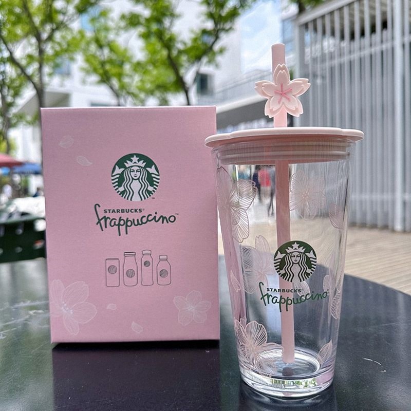 2026 Starbucks New Style Pink Cat Claw Cherry Blossom Glass Enjoy Cup Pink Blue Goddess ถ้วยฟางมูลค่