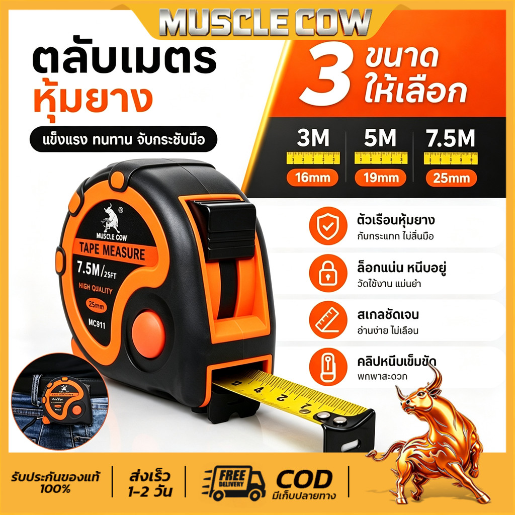 ตลับเมตร Muscle Cow ตลับเมตรหุ้มยาง ขนาด 3.5 เมตร, 5 เมตร , 7.5เมตร, 10เมตร เทปกว้าง 25มม.เทปลื่นมาก แข็งแรง ทนทาน