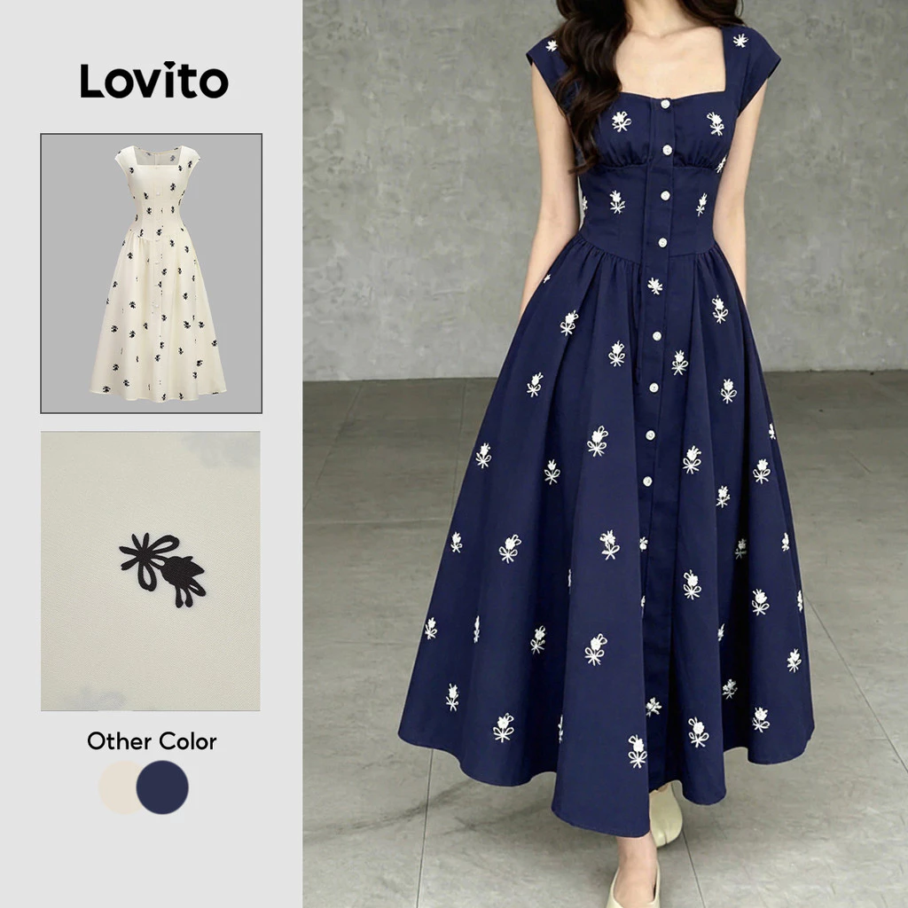 (New Arrival) Lovito เดรสสีน้ําเงินเข้มสําหรับผู้หญิง ลายแพทเทิร์นสวยหรู กระดุมหน้า เหมาะสําหรับฤดูใบไม้ผลิ/ฤดูร้อน LBL36139