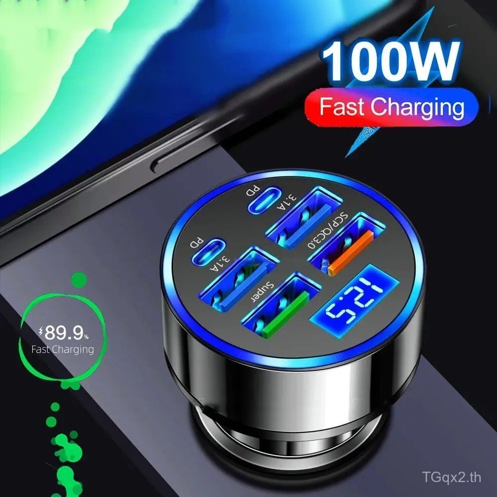 ที่ชาร์จในรถยนต์ 6 พอร์ต 100w 4USB A + 2Type C อะแดปเตอร์โทรศัพท์มือถือชาร์จเร็วในรถยนต์ เข้ากันได้ก