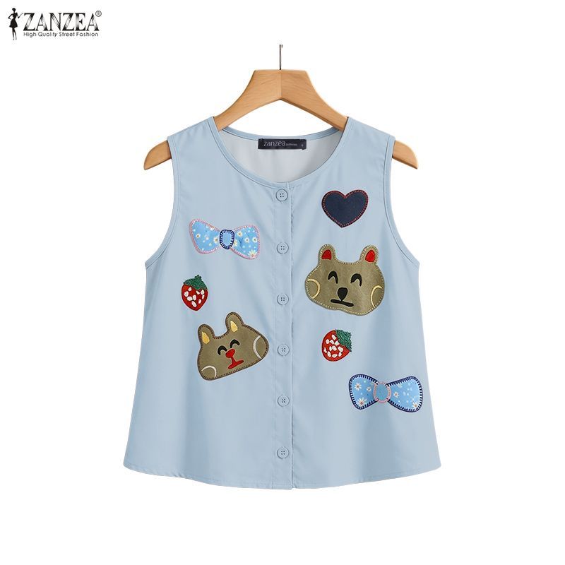 ZANZEA ผู้หญิงเกาหลีลําลองการ์ตูนพิมพ์รอบคอหลวมแขนกุด Tank Tops — صورة 4
