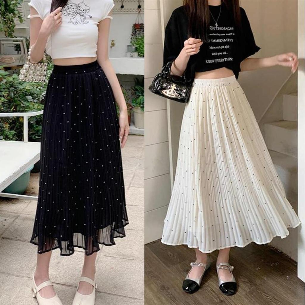 (ซื้อ2ลด8%) LASA Midi Skirt กระโปรงซีฟองลายจุดเอวสูง ผ้าเย็นฤดูร้อน ปกปิดสะโพก (เช็คตารางไซส์)