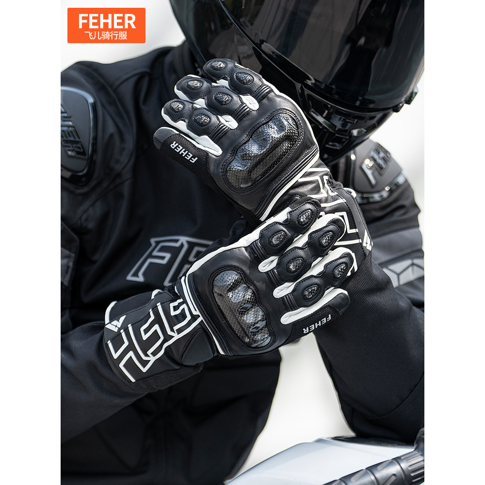 FEHER FEHER ถุงมือขี่มอเตอร์ไซค์หนังแท้กันน้ําป้องกันคาร์บอนไฟเบอร์รถจักรยานยนต์กันลมอบอุ่นฤดูใบไม้ร