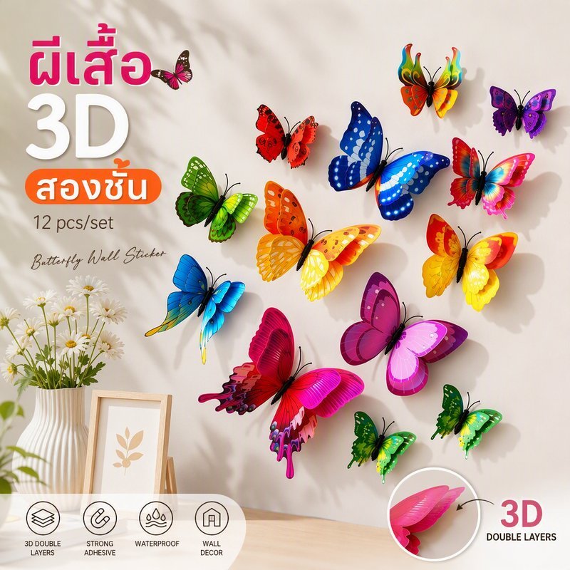 สติ๊กเกอร์ติดผนัง ผีเสื้อ 3D สองชั้น ชุด 12 ชิ้น PVC มีกาวในตัว แม่เหล็ก แต่งห้อง ผนังเรียบ