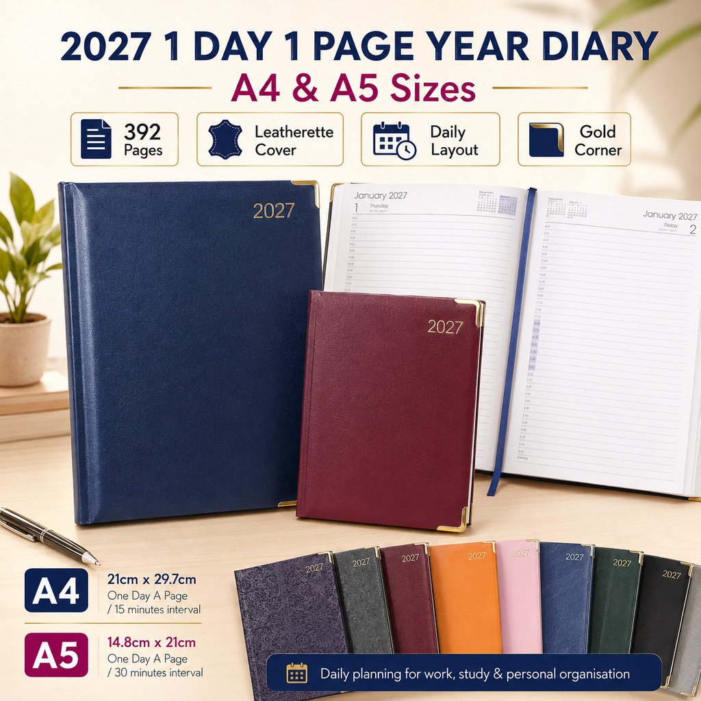 2027 A4 A5 ไดอารี่วางแผนวันเดียวหน้าเบาะด้านหน้าฮาร์ดหนังปก buku ไดอารี่นัดหมายหนังสือ