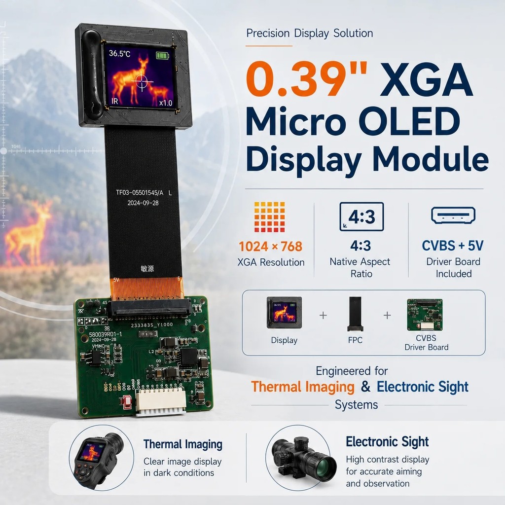 BE3V 0.39 นิ้ว 1024x768 XGA 4:3 โมดูลจอแสดงผล Micro OLED พร้อม CVBS Driver Board สําหรับการถ่ายภาพคว